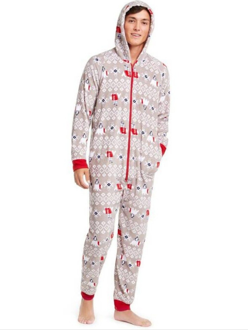 Macy's Men's  Family PJs Polar Bear Hooded One Piece in Grey Sz M